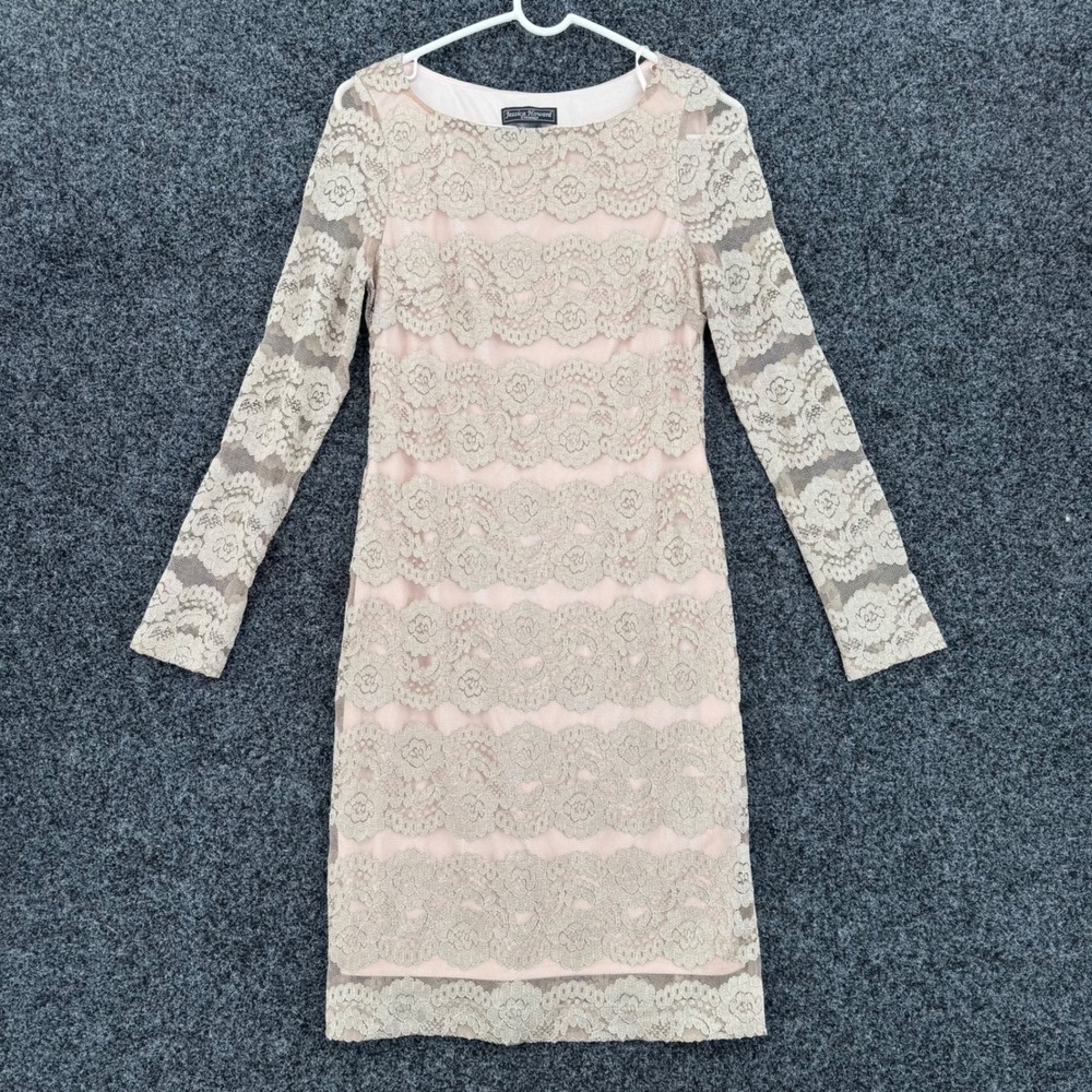 Jessica Howard Evenings Pink Champagne Tiered Lace Sheath Dress Long Sleeve 6